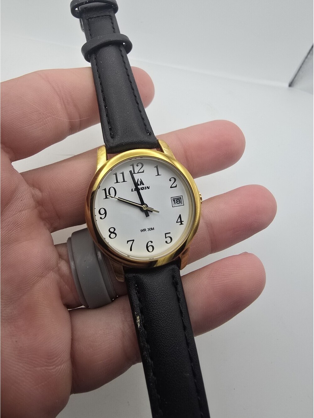LENOIN Men’s Quartz Watch Gold Tone White Dial Date Black Leather Band WR 30M